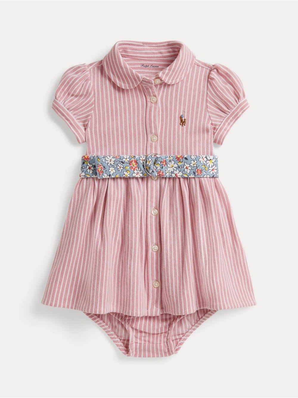 NWT Ralph Lauren Pink Striped Polo Dress Bodysuit with Floral Belt, 9M